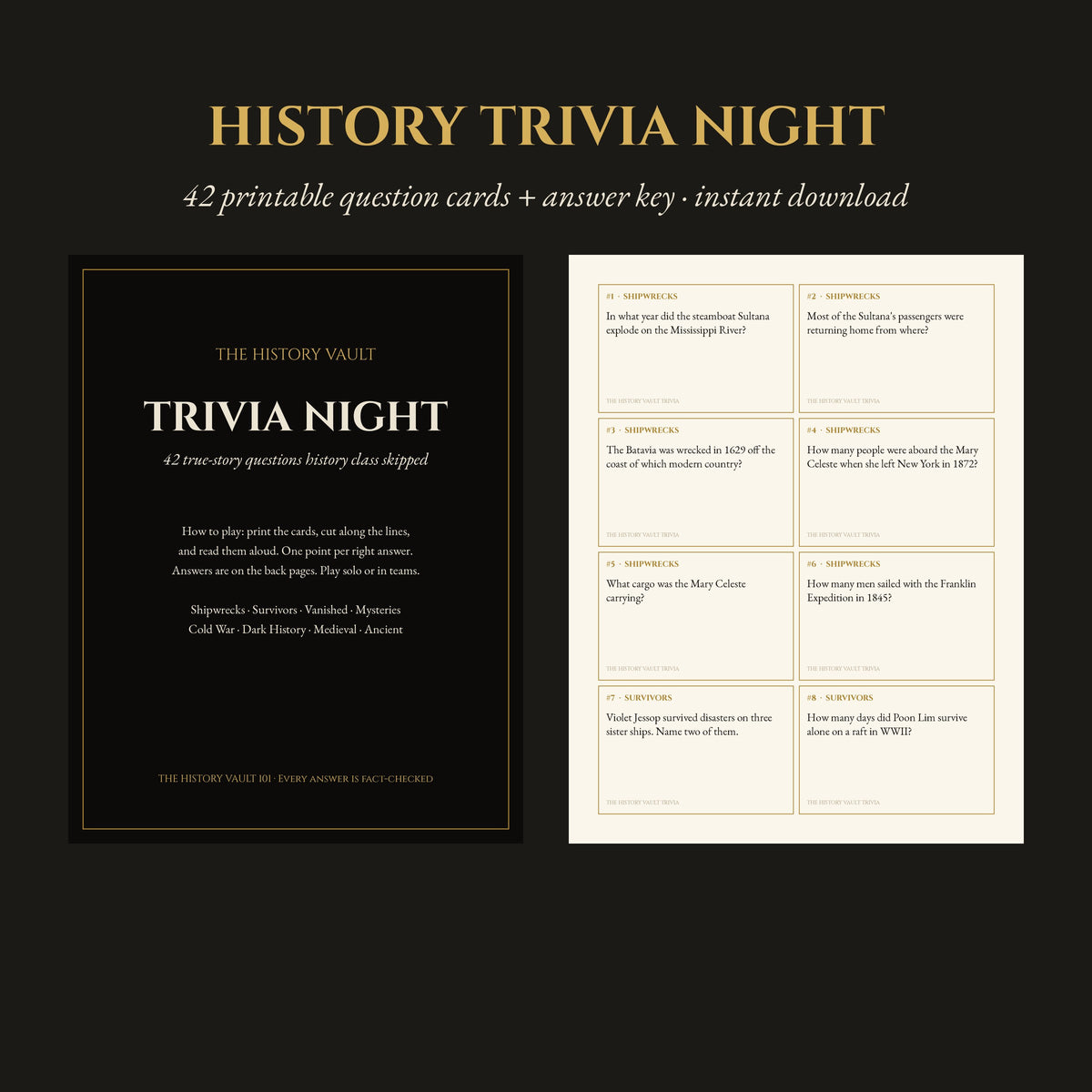History Trivia Night: 42 True-Story Question Cards (Printable)
